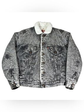 Vintage 80s Levis Sherpa Lined Acid Wash Denim Jean Jacket Black